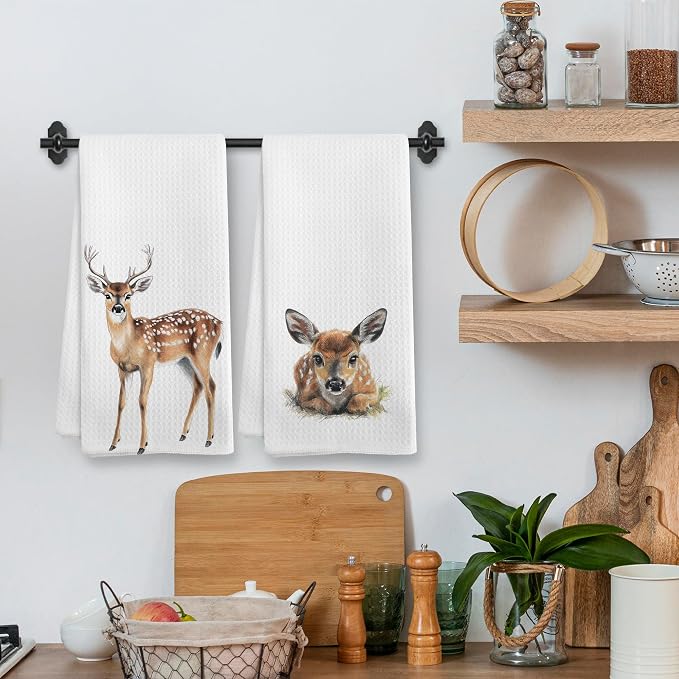 Funny Deer Kitchen Towels and Dishcloths Sets of 2, Deer Decor Gifts, Woodsy Rustic Cabin Lodge Forest Mountain Nursery Home Hunting Decor Dish Hand Tea Towels for Bathroom Kitchen, 16x24Inch