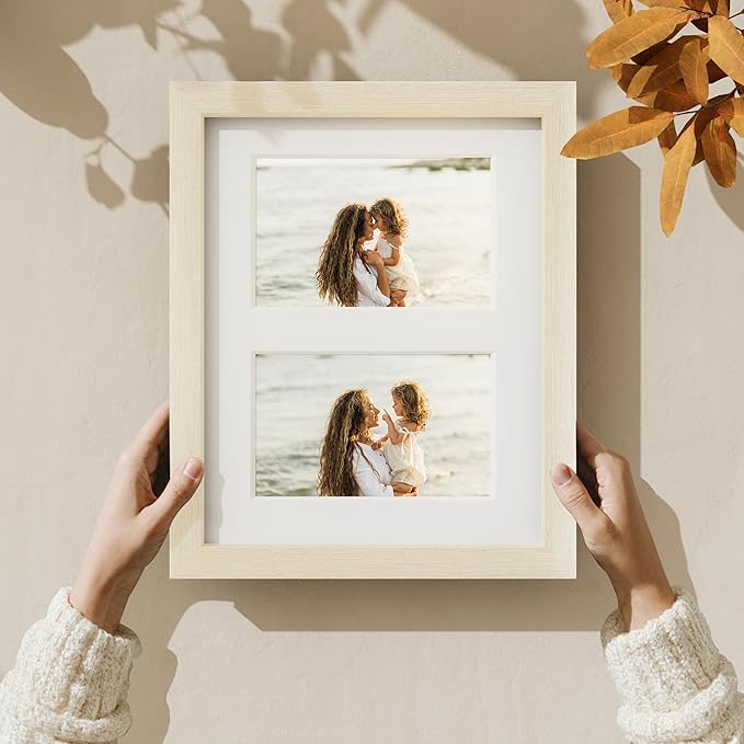 Vittanly 8x10 Collage Picture Frame, Displays 2Pcs 4x6 Pictures with Mat or 1Pcs 8x10 without Mat, Photo Frame for Wall Mounting or Table Top with Stand, Cornsilk, 1 Pack