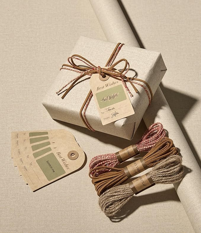 Vitalizart Textured Wrapping Paper Set 17" Roll Twine Ribbons & Tags Extra Thick All-in-One Neutral Beige Kraft Christmas Gift Wrap Birthday Baby Shower Wedding Crafts Vintage Minimalist Housewarming Flower Book
