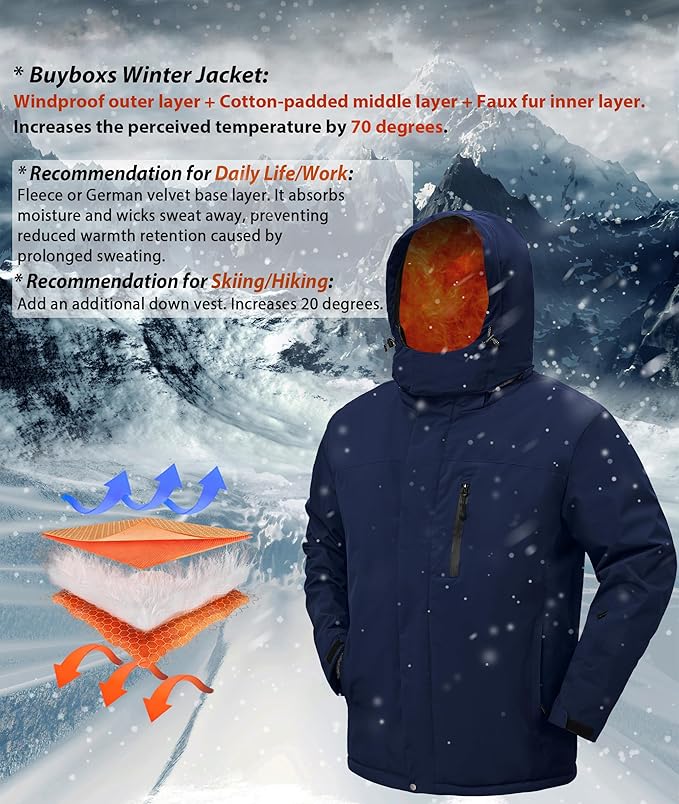 Mens Winter Snow Jacket Waterproof Ski Jackets Snowboard Rain Warm Coat Insulated Hood Fleece Lined