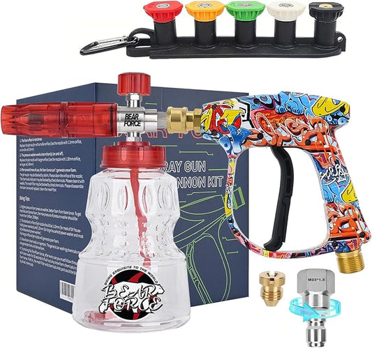 BEAR FORCE Pressure Washer Spray Gun Power Washer Short Gun with M22-ID14mm & Foam Cannon Foam Gun with 5 Nozzles Tips #035 & 3/8'' Quick Connector Swivel, Additional Orifice Nozzle 1.10mm Car Washing