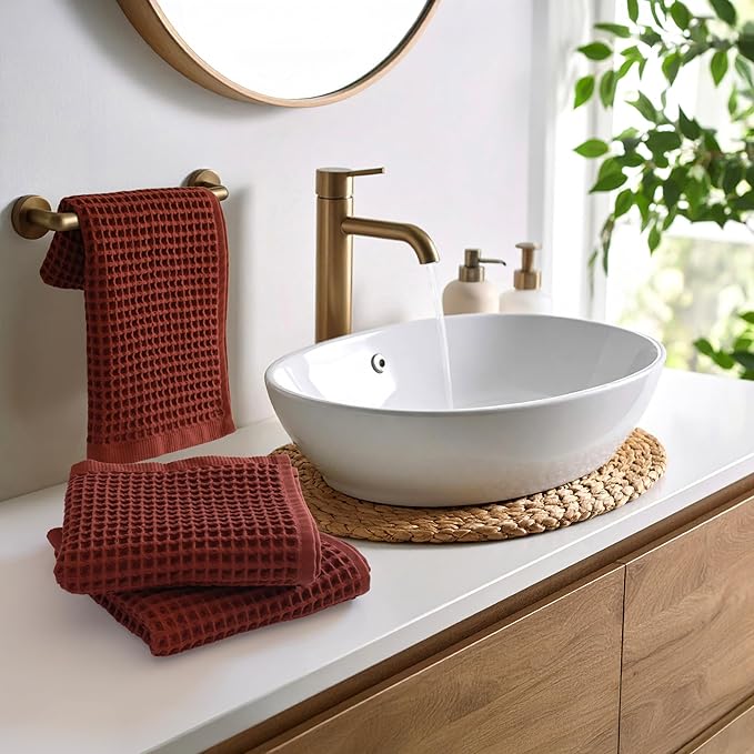 PÜSKÜL - Set of 3 Organic Waffle Hand Towel Red Brick - Premium Quality, 100% Turkish Cotton, Soft, Quick-Dry, Absorbent, Lint-Free Face Kitchen Hand Towels (Brick, Hand Towels - Pack of 3)