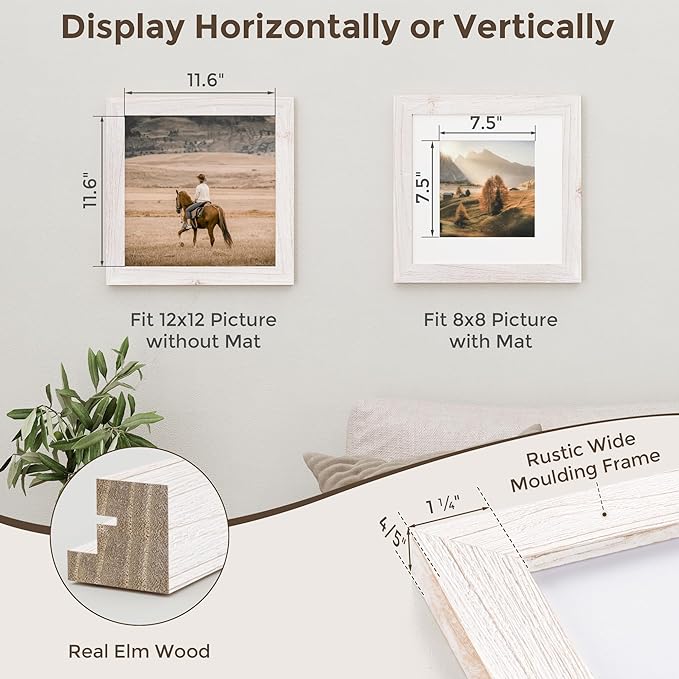 Fun Memories 12x12 Picture Frame, Square Photo Frame 12"x12" with Tempered Glass, 12 x 12 Frames with Mat for 8x8, Solid Elm Wood Photo Frame, 12x12 Rustic Picture Frame for Wall Decor, White, 1 Pack