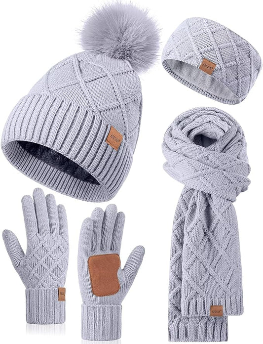 Womens Winter Hat Gloves Scarf Headband Set, Pom Pom Beanie Long Scarf Touchscreen Gloves Ear Warmer, 4 in 1 Warm Gift Set