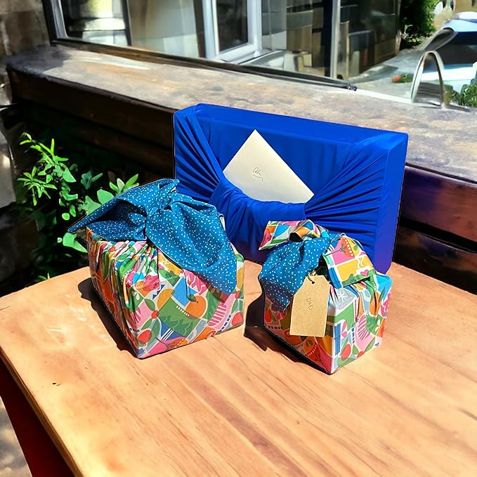 SHIKIWRAP Reusable Cloth Gift Wrap – Set of 3 Holiday Shapes & Deep Blue Eco-Friendly, Reversible, Stretchy Furoshiki Fabric Wrap for Birthday Gifts, Holidays, Special Occasions & Sustainable Living