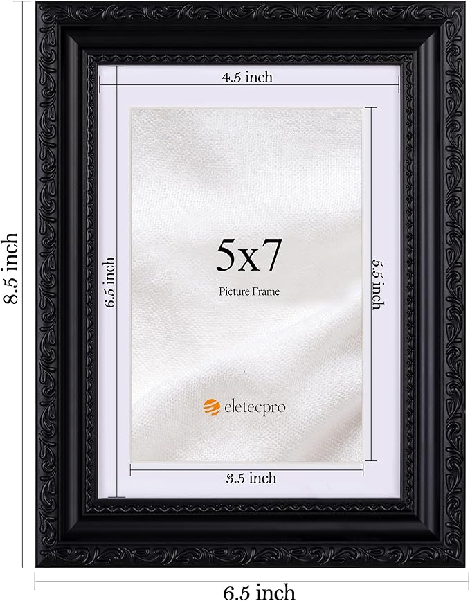 eletecpro 5x7 Picture Frames Set of 4, 5 x 7 Vintage Photo Frames with Glass, Displays 4x6 Photo with Mat or 5x7 without Mat for Tabletop or Wall Decor, Black