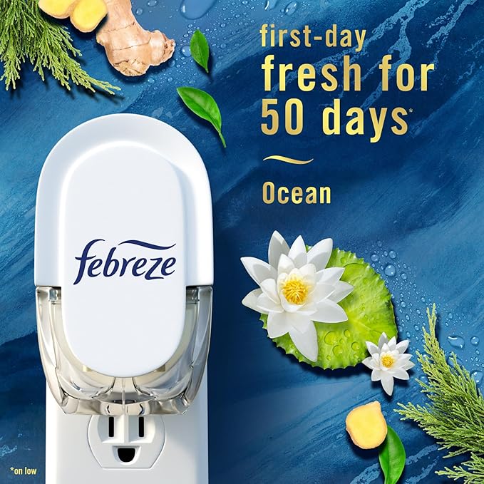 Febreze Plug In Air Freshener, Odor-Fighting Scented Oil Refill, Air Fresheners for Home and Bathroom and Kitchen, Long Lasting for Strong Odors, Ocean & Mountain Scents, 0.87oz Refills, 4 Count