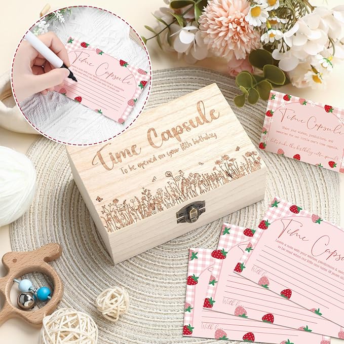 Fuutreo Time Capsule Box 1st Birthday Baby Time Capsule First Birthday Party Games, 1st Activities for Guests, Advice and Wishes Cards Gift Keepsake for Baby Shower Party Supplies(Strawberry)