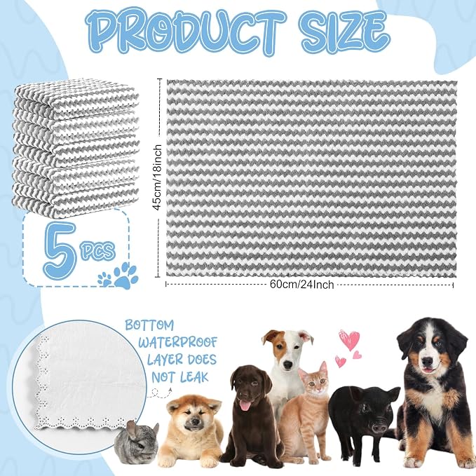 Hahafelt 5 Pcs Waterproof Guinea Pig Fleece Bedding Blankets Absorbent Guinea Pig Cage Liner Washable Small Animal Pee Pad Reusable Pet Blanket Wash Cloth Bedding Mat Pad(Gray,18 x 24 Inch)