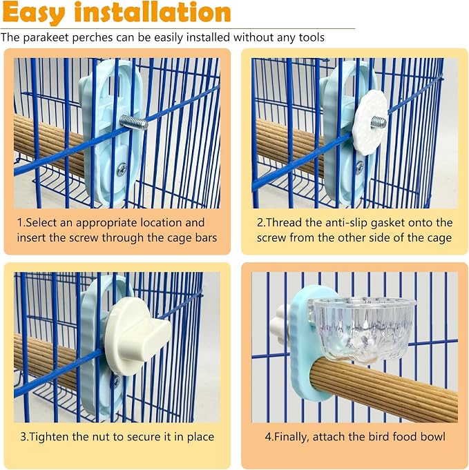 Kathson 3Pcs Bird Perch Feeding Cup Natural Wood Perches with Removable Bird Feeder for Cage Parrot Stand for Parakeets, Budgies, Cockatiels,Parrots, Birds Chewing Stick (Blue)