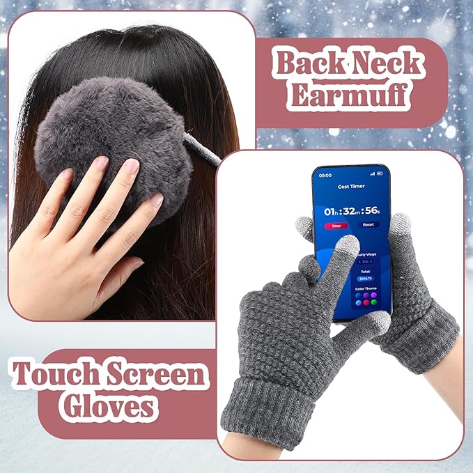 SATINIOR 5 Pcs Winter Satin Lined Hat Scarf Gloves Set Knit Pompom Beanie Warm Touchscreen Glove Earmuff Ear Warmer for Women