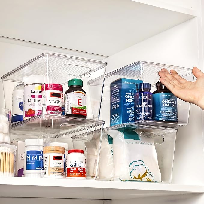 Vtopmart 2 Pack Clear Stackable Storage Bins with Lids, Large Plastic Containers with Handle for Pantry Organizer and Storage,Perfect for Bathroom,Cabinet,Kitchen,Fridge,Closet Organization