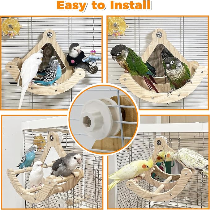 Rocking Bird Perch Toy with Mirror for Cage, Enrichment Parakeet Toys | Wood Exercise Wheel Cockatiel Toys, Birds Enrichment Toy for Parrot, Interactive Cage Accessories Perch for Budgie Conure