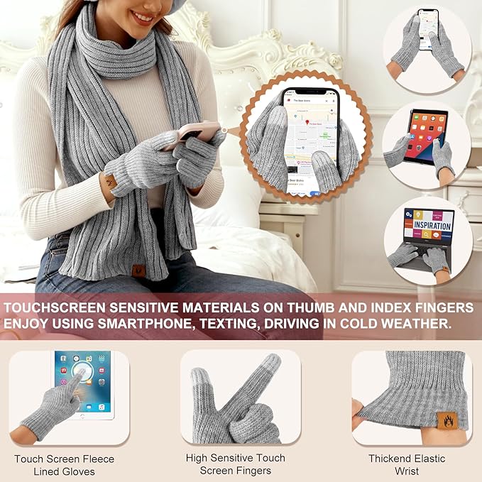 UMIPUBO Winter Beanie Hats Scarf Touch Screen Gloves Fuzzy Socks Ear Muffs 5pcs Set for Women Winter Ski Outing Set