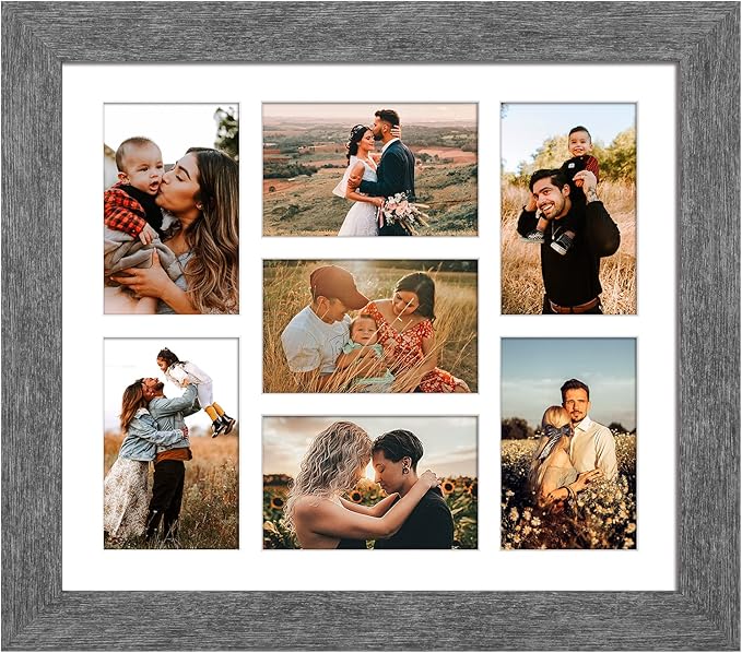 13.5X15.5 Picture Frames Collage with 7 Openings 4X6 Pictures, Multi Photo Frame with Mat for Wall Hanging Decor, Grey Wood Grain