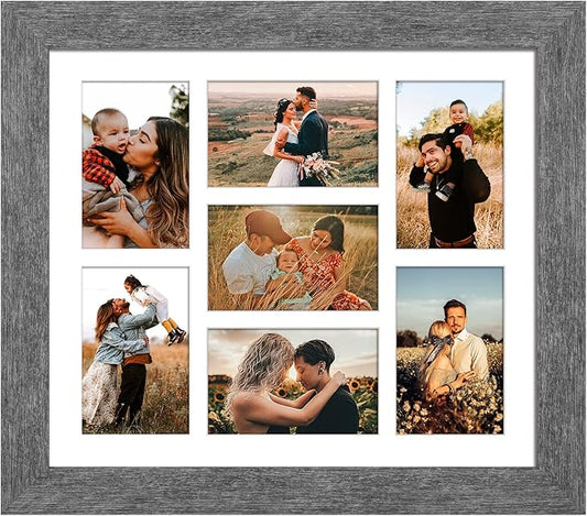13.5X15.5 Picture Frames Collage with 7 Openings 4X6 Pictures, Multi Photo Frame with Mat for Wall Hanging Decor, Grey Wood Grain