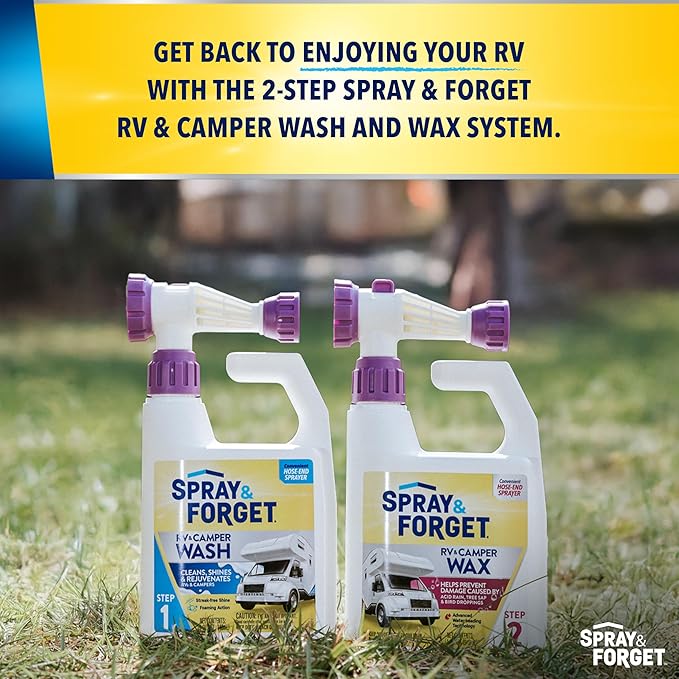 Spray & Forget RV & Camper Wash and Wax Combo, Includes RV & Camper Wash (1 Quart) and RV & Camper Wax (1 Quart) with Convenient, Ready-to-Use Hose End Adapters