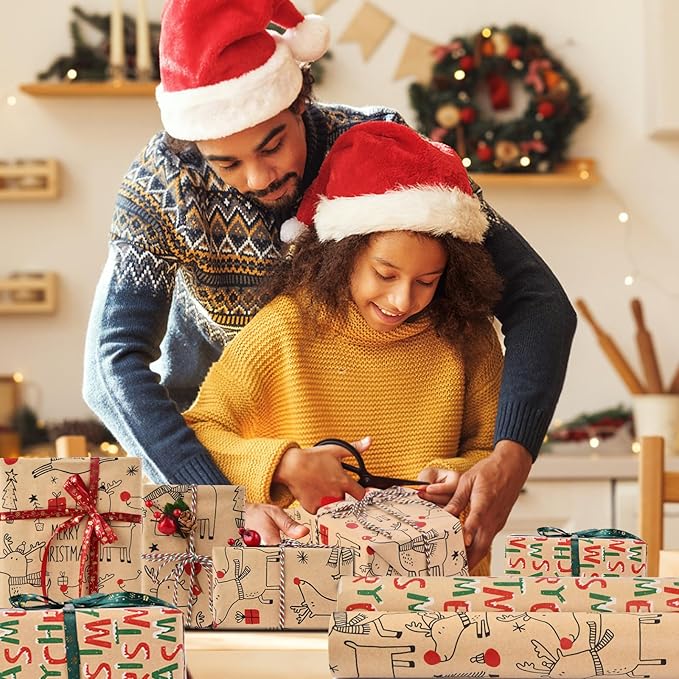 AhfuLife 2 Rolls Christmas Wrapping Paper, 17 Inch × 49.2 Feet Per Roll - Recyclable Kraft Xmas Wrapping Paper - Reindee Design for Kids Gift Box Birthday Party Decoration