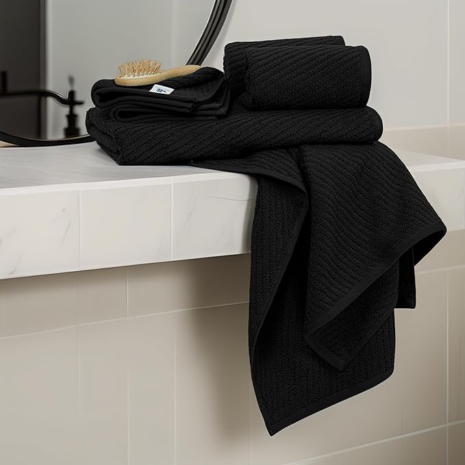 Tens Towels Pack of 6 Zero Twist Towels Set, 2 Bath, 2 Hand, 2 Waschloths, 100% Cotton, Light Weight, Extra Absorbent, Exceptional Softness, Perfect for Bathroom (Black)