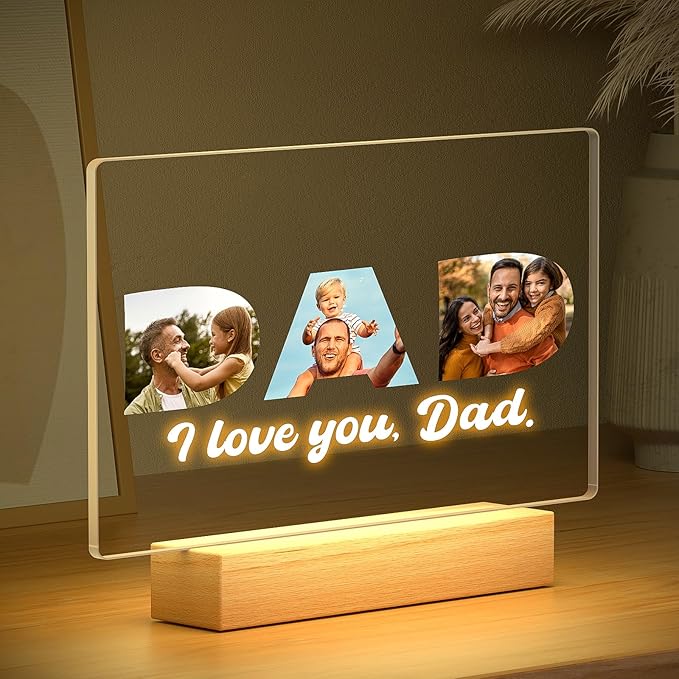 Personalized Picture Frame with Photos, Custom Photo Frame with Night Light, Custom Dad Frame, Personalized Dad Birthday Gifts, Personalized Father's Day Gifts for Dad from Daughter & Son