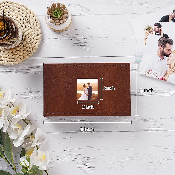 potricher Small Photo Album 4x6 100 Photos Leather Cover Picture Book with 100 Horizontal Pockets for Family Wedding Anniversary and Baby (Brown)