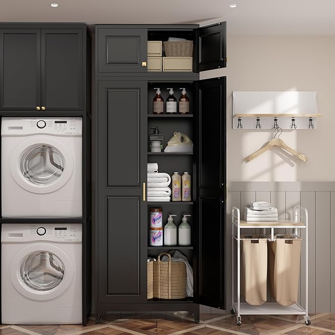 90”Kitchen Pantry Cabinet,Metal Storage Cabinets with Doors and 4 Adjustable Shelves,Black Kitchen Cabinet with 2 Gold Handles,Tall Cabinet for Livingroom, Bathroom