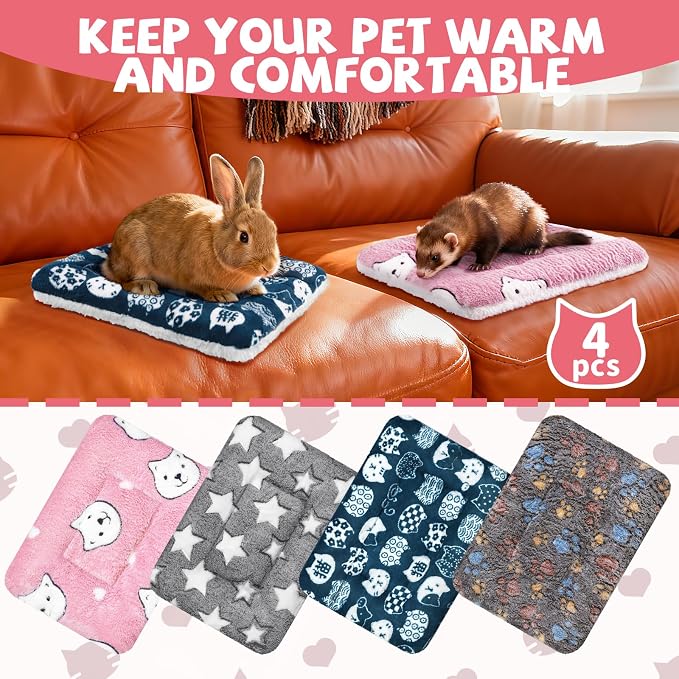 4 Pcs Guinea Pig Bed, Washable Rabbit Bunny Bed Mat Warm Small Animal Bed Pad Guinea Pig Pillow Pet Bed Mat for Chinchilla Hedgehog Ferret