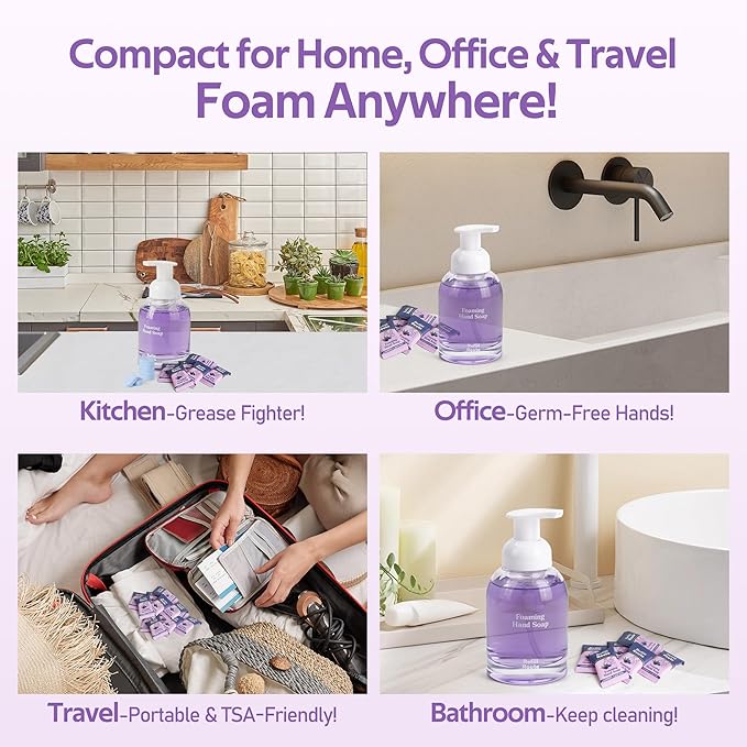 Foam Soap Refill with Dispenser Hand Wash Set, 12 Foaming Hand Soap Refills Tablets +1 Glass Foaming Dispenser +2 Microfiber Cloths, Make 96 fl oz - No Plastic, Cleansing & Moisturizing, Lavender