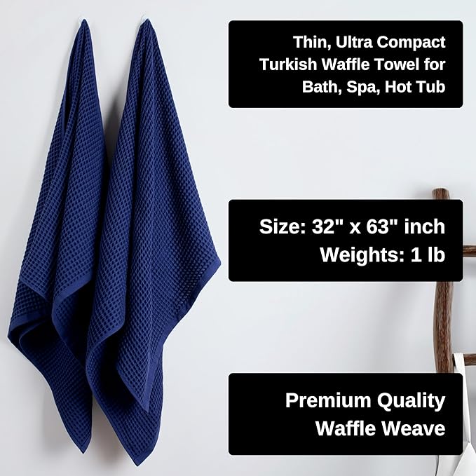 PÜSKÜL Premium Waffle Bath Towels Set of 2 - Organic 100% Turkish Cotton Bath Towel - Quick Dry, Absorbent, Light, Thin, 32x63 Large Waffle Towels for Bathroom (Navy Blue Bath Towels - Pack of 2)