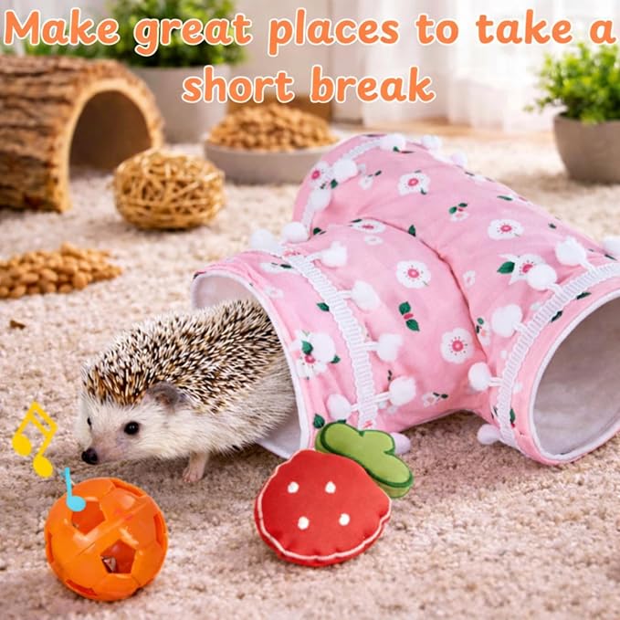 Hedgehog Cage Accessories Hideout Tunnel Small Animal, Tunnel and Bell Balls Toy set, Hedgehog Hideout with 2 pcs Toys, Small Animal Tubes for Hamster Guinea Pig Squirrel, Hedgehogs Accessories (Pink)