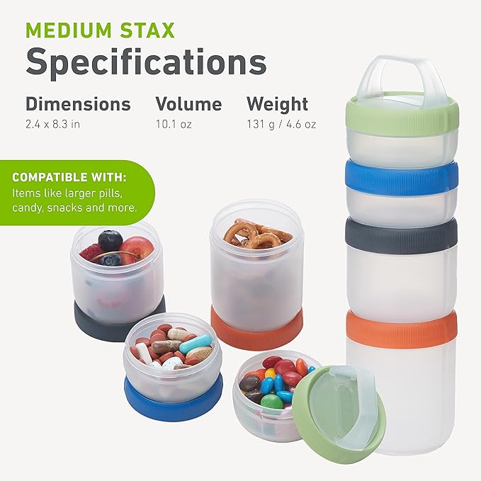 humangear STAX, Stackable Snack Containers - 4-Piece Leak-Proof Snack Travel System - FDA-Food Safe, BPA/PC/Phthalate-Free - Stackable & Click-Together Food Storage, Medium