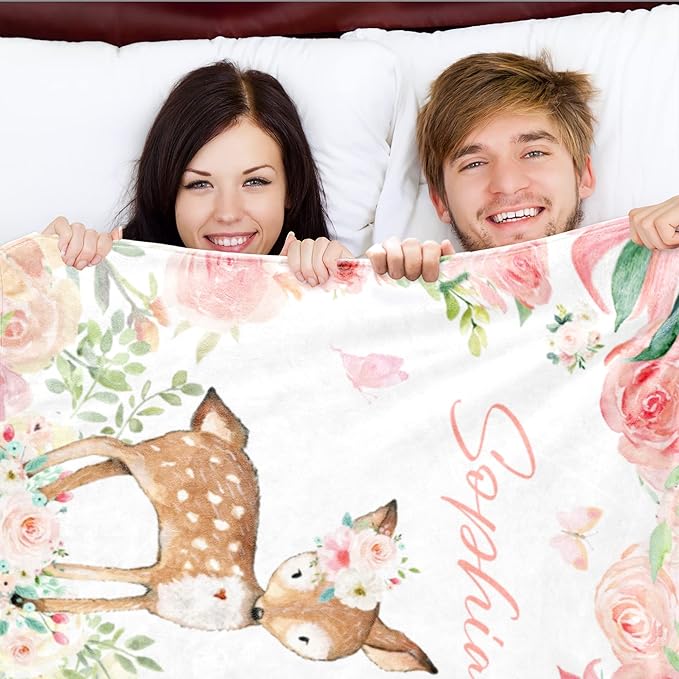 Personalized Deer Blanket with Name for Girl, Custom Name Blanket for Teen, Soft Flannel Deer Blankets Customized Gift for Birthday 50"x60"