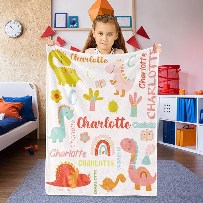 Personalized Dinosaur Blanket with Name for Girl, Custom Name Blanket for Teen, Soft Flannel Pink Dinosaur Toddler Blanket Customized Gift for Birthday 50"x60"