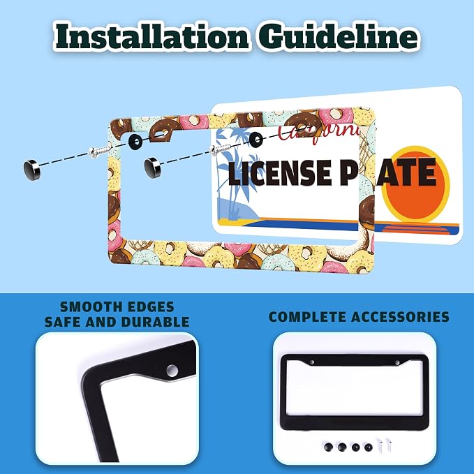 Colorful Donuts Cartoon License Plate Frame Stainless Steel 6.3 X 12.2 Inch | Fits US Standard With Screws Rust Resistant For Car Front Rear Decoration Accessories Easy Installation For Cars SUV Truck