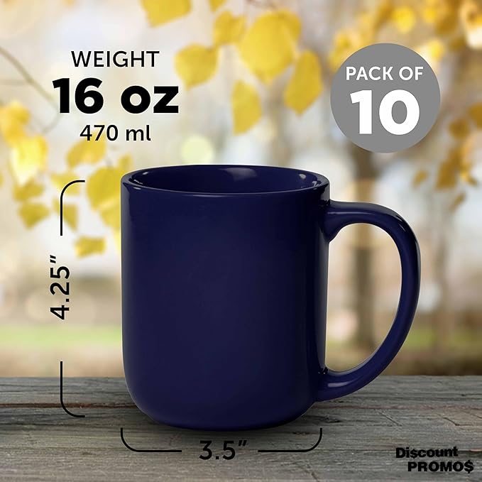 DISCOUNT PROMOS Vibrant Color Glossy Ceramic Mugs 16 oz. Set of 10, Bulk Pack - Perfect for Tea, Espresso, Cappuccino, Hot Cocoa - Cobalt Blue