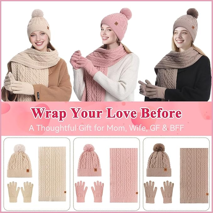 QUIRAI Winter Hat Gloves Scarf Set Women, Fleece Lined Beanie with Pom, Scarf Neck Warmer Touchscreen Gloves 3 in 1 Gift Set
