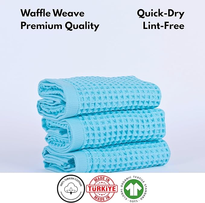 PÜSKÜL - Set of 3 Organic Waffle Hand Towel Turquoise - Premium Quality, 100% Turkish Cotton, Soft, Quick-Dry, Absorbent, Lint-Free Face Kitchen Hand Towels (Turquoise, Hand Towels - Pack of 3)
