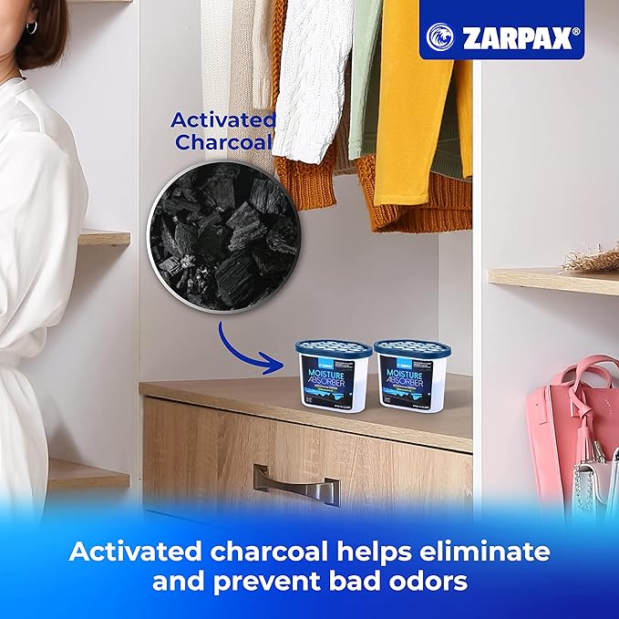 Moisture Absorber Activated Charcoal 10.5 oz/300g | Removes Moisture, Damp, Humidity & Odors | Odor Absorber | Moisture Trap for Bathroom, Closet, Kitchen & Small Spaces | Set of 6