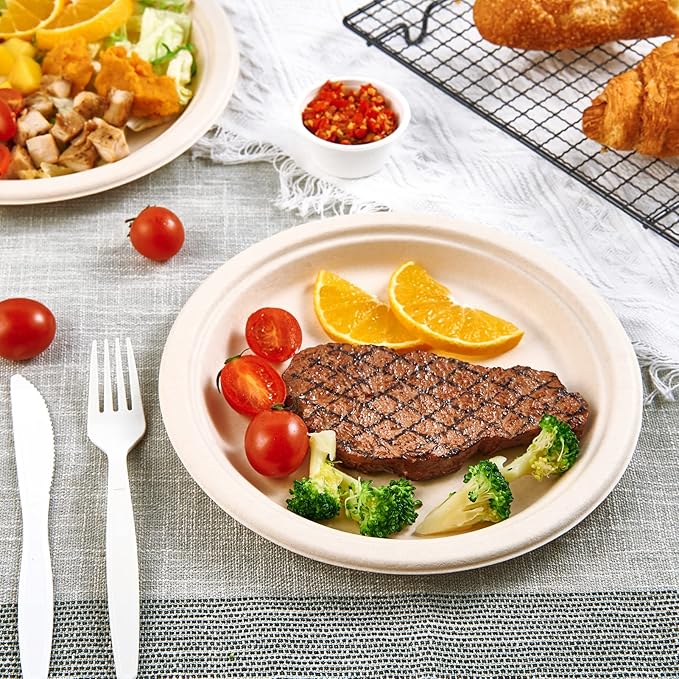 Vplus 150 Pack Paper Plates 9 inch 100% Compostable, Heavy-Duty Disposable Paper Plates Bagasse Natural Biodegradable Eco-Friendly Sugarcane