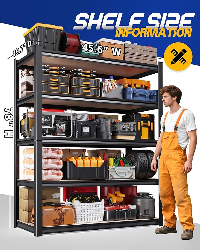 Set of 4 Storage Shelves, 5-Tier Garage Shelving Heavy Duty, Home Storage Rack, Utility Metal Shelf, Adjustable Shelving Unit, for Dorm, Basement, Kitchen,19.7" D x 45.6" W x 78" H, Black