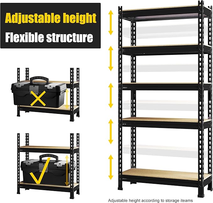 PrimeZone Storage Shelves 2 Pack 5 Tier Adjustable Garage Storage Shelving, Heavy Duty Metal Storage Utility Rack Organizer Shelf Unit for Warehouse Pantry Closet Kitchen Basement, Black