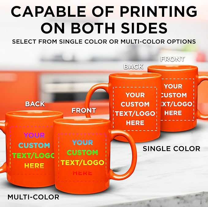 Custom Ceramic Coffee Mugs 11 oz. Set of 100, Personalized Bulk Pack - Coffee cup set, Iced coffee cup, Gaming mug - Orange