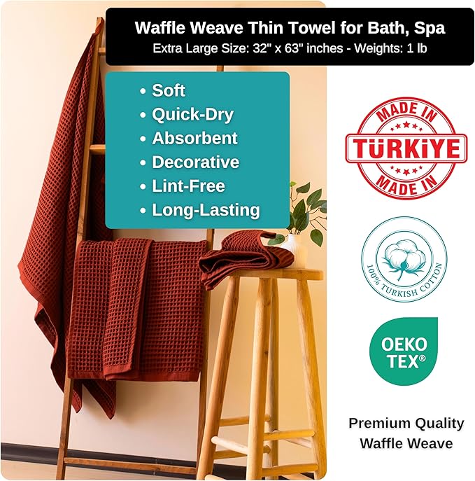 PÜSKÜL Premium Waffle Bath Towels Set of 2 - Organic 100% Turkish Cotton Bath Towel - Quick Dry, Absorbent, Light, Thin, 32x63 Large Waffle Towels for Bathroom (Red Brick Bath Towels - Pack of 2)