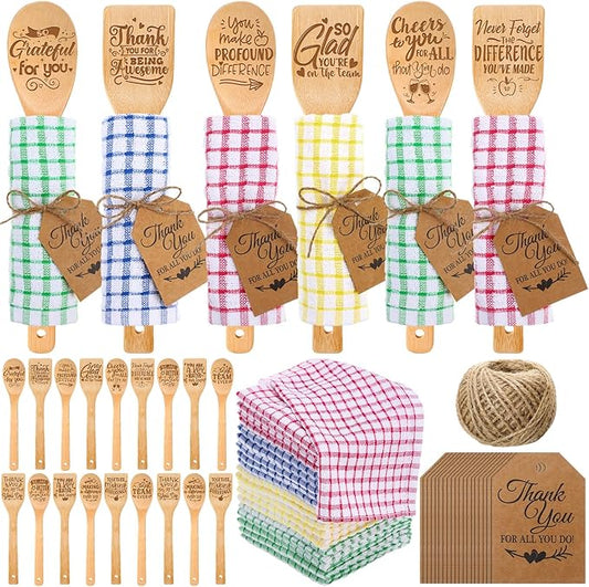 Honeydak 24 Employee Appreciation Gifts Set Thank You Employee Kitchen Utensils Bamboo Spoon Flat Spatula Kitchen Towel Thank You Tag for Team Staff Colleague Coworker Farewell Gift