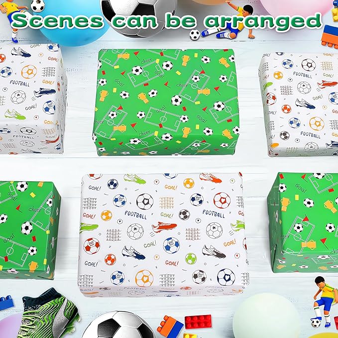 Ribbion Wrapping Paper Football Sheets with Sport Soccer Green White Mixed Design, Gift Wrap Set for Present, 6 Sheets, 28"Lx20"W per Sheet