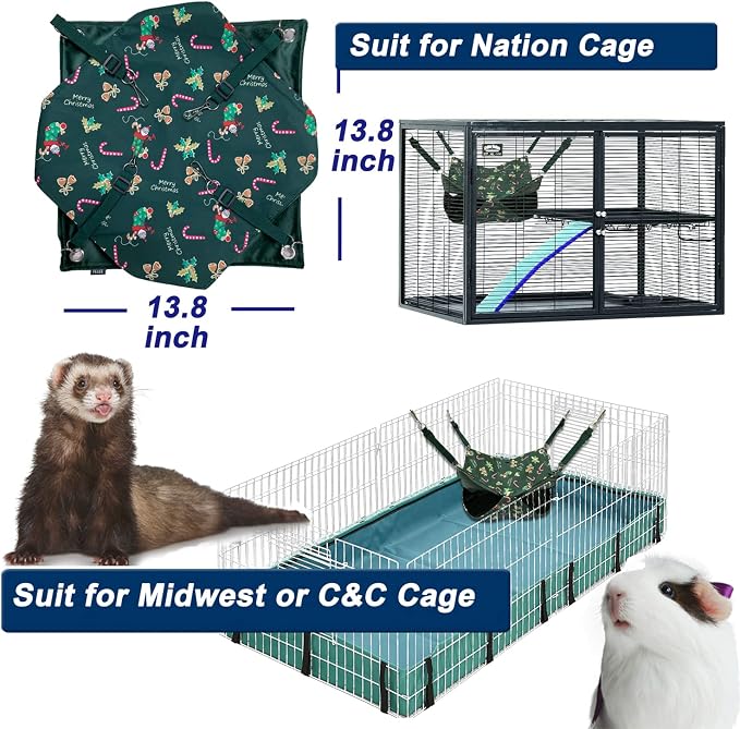 Ferret Rat Hammock,Ferret Cage Accessories Ferret Guinea Pig Hanging Bed HammockCute Ferret Stuff Tunnel for Cage Set Supplies 13.8inch (Green Christmas)