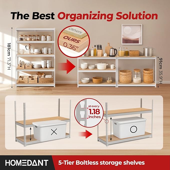 HOMEDANT 47.7" W 5 Tier Heavy Duty Garage Shelving Adjustable Metal Rack Storage Shelves Standing Shelf Unit Organizers Industrial Warehouse Basement White 2Pack