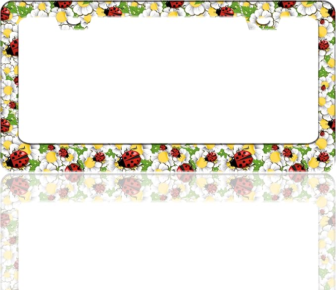 Red Black Ladybug Flowers License Plate Frame Stainless Steel 6 X 12 Inch | Fits US Standard With Screws Rust Resistant For Car Front Rear Decoration Accessories Easy Installation For Cars SUV Truck