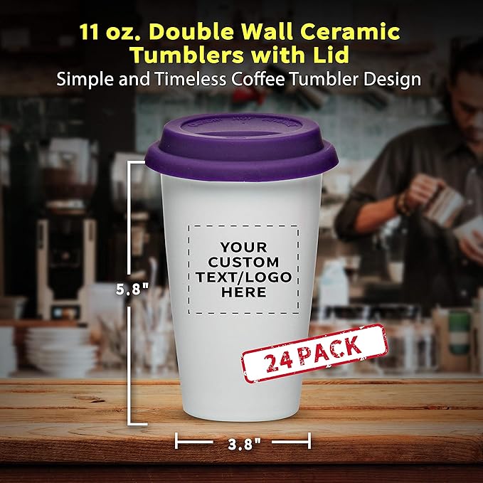 Personalized 11 oz. Double Wall Ceramic Tumblers with Lid - 24 Pack - Custom Text, Logo - Purple