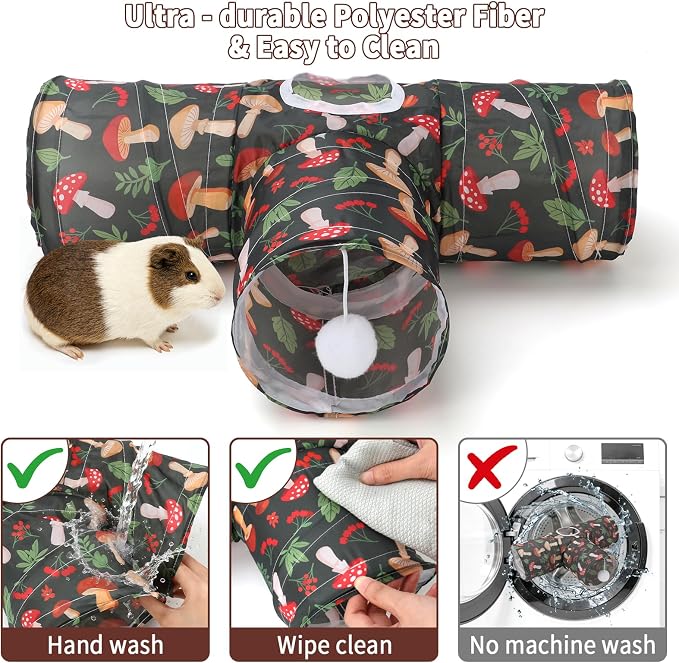 Rypet Guinea Pig Tunnel Hideout 3-Way Collapsible Small Pet Tubes, Mashroom | 3 Way Design for Exploration, Collapsible for Easy Storage, Built-in Play Ball, Hiding & Resting for Hamsters Ferrets